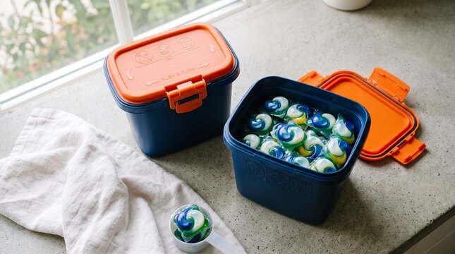Accessible packaging concept with two blue and orange storage containers filled with colorful laundry detergent pods on a kitchen counter
