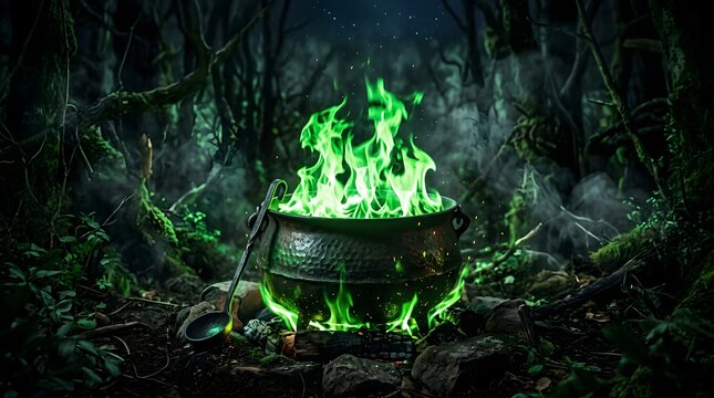 Witches cauldron bubbling with green fire in dark forest for magical potion brewing.