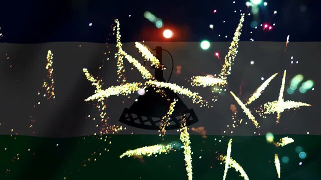 Bright golden fireworks exploding over the national flag of Lesotho in a night celebration