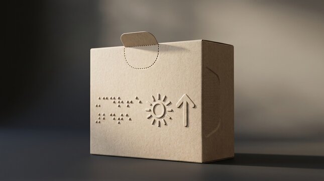 Cardboard box featuring braille text and accessible packaging design for visually impaired individuals