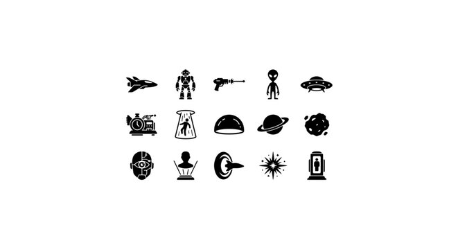 Futuristic vector icon set, 15 black glyphs, space exploration, sci-fi technology, alien life