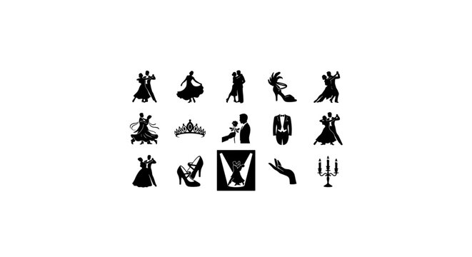 Elegant Ballroom Dance Vector Icons, Romantic Couple Silhouettes, Formal Event Graphics Collection
