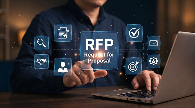 Professional man interacting with digital RFP request for proposal touch screen