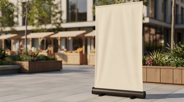 Blank Roll Up Banner Stand Displaying Advertising Space Outdoors.