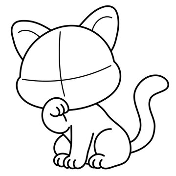 Sitting Cat Drawing Guide with Raised Paw and Face Construction Lines