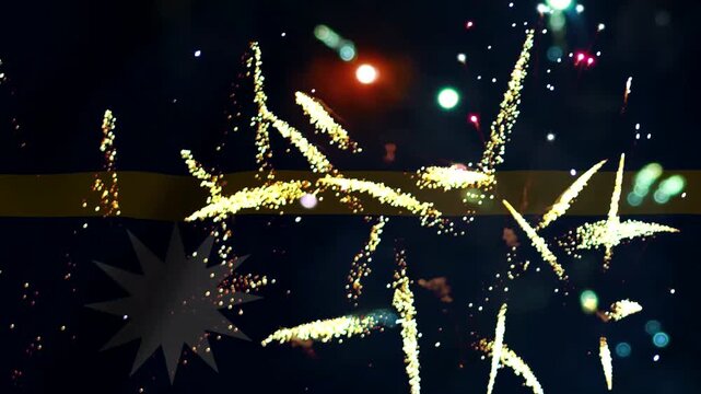 Vibrant golden firework explosions lighting up the night sky during a festive celebration display