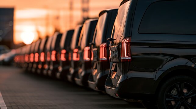 Row of identical black luxury vans parked in a line at sunset