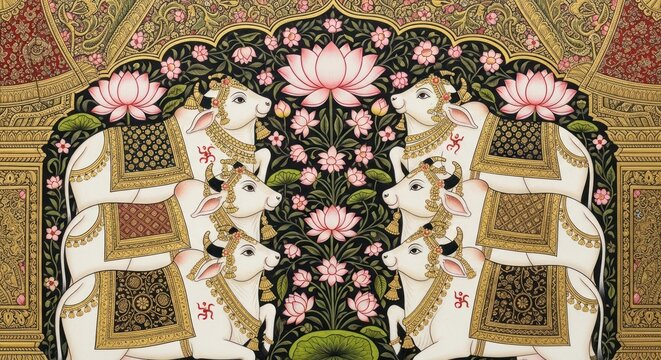 Intricate Indian Miniature Painting of Elephants and Cows Adorned with Lotuses.