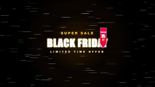 Black friday super sale motion graphics with glitch effects over dark space background.