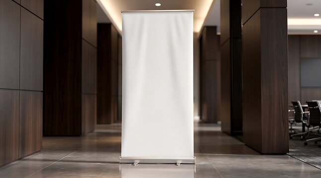 Blank White Banner Stand in Modern Office Lobby.