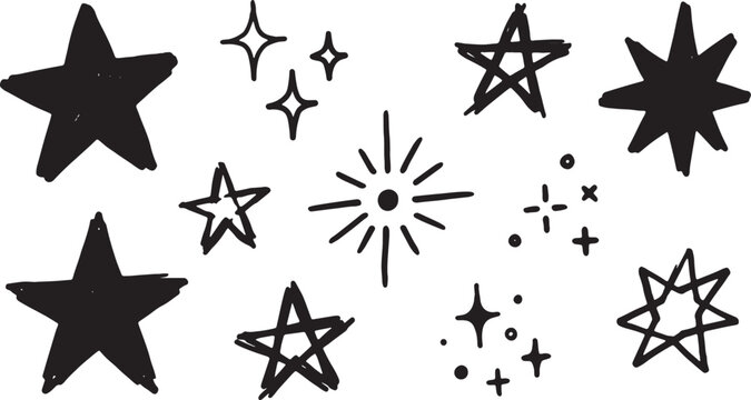 Black star shapes, plus signs and snowflakes on white background, stars