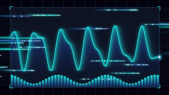 Futuristic equalizer showing glowing sound waves on digital grid in dynamic motion.