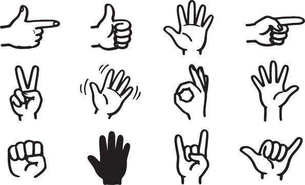 Hand gestures in black ink on white background, isolated fingers pointing thumbs