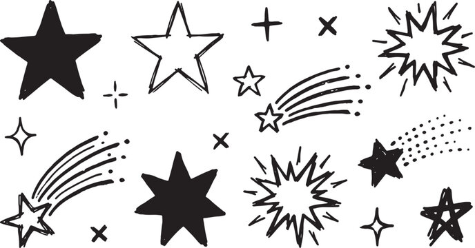 Black stars, crosses, and snowflakes on white background, symbol pattern