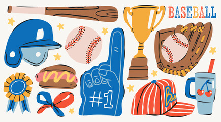 Fototapeta premium Baseball elements set. Various items, equipment: glove, ball, helmet, uniform cap, bat, trophy, drink, hot dog. Hand drawn trendy Vector illustration. Isolated design elements. Sticker, icon templates