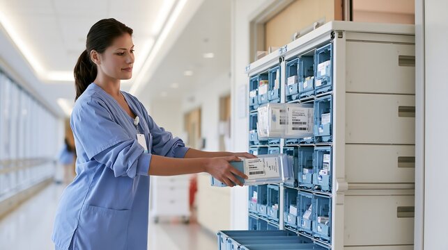 Pflegefachkraft entnimmt Medikamente aus einem Arzneimittelschranksystem im Krankenhaus