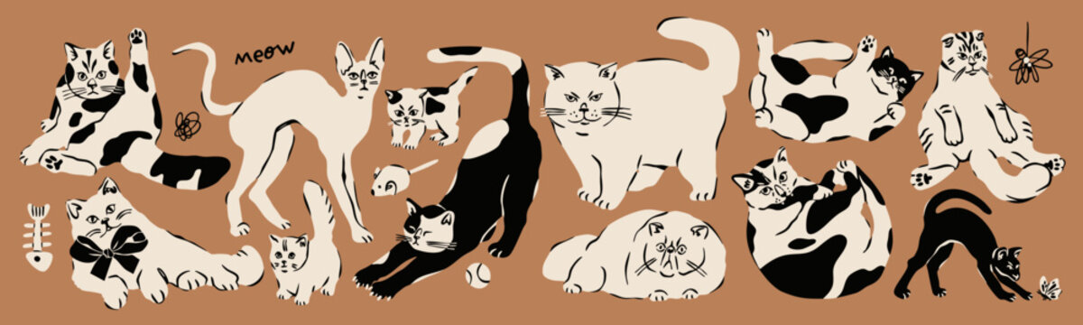Cats, kittens in different poses, fish bone, mouse, ball. Cute funny characters. Various breed. Lying, sitting, stretching domestic animals. Hand drawn trendy Vector illustration. Isolated elements