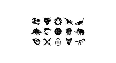 Fototapeta premium Dinosaur Icons Set, Prehistoric Animal Silhouettes, Fossil Graphics, Ancient Creature Vector Collection