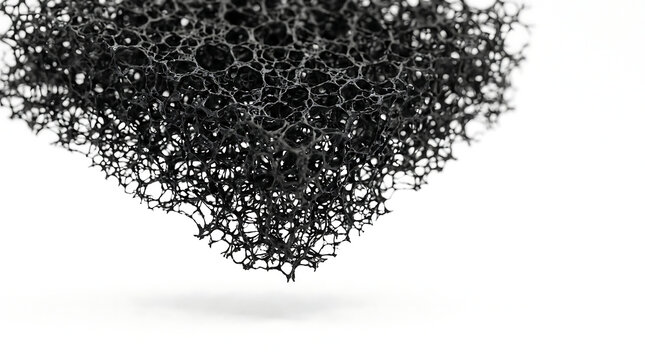 Black porous sponge texture, industrial foam material on white background, macro cellular structure of synthetic carbon filter
