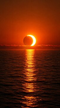 Solar Eclipse Over Ocean at Fiery Sunset