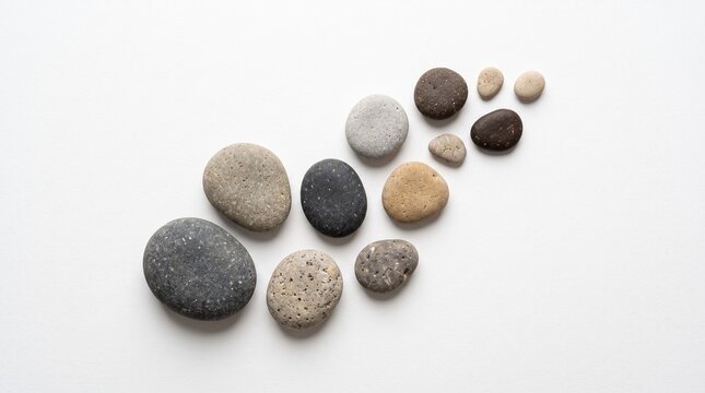 Natural river pebbles are arranged in a dynamic flowing pattern across the surface to demonstrate the serene balance found within the therapeutic elements of peaceful meditation and spiritual