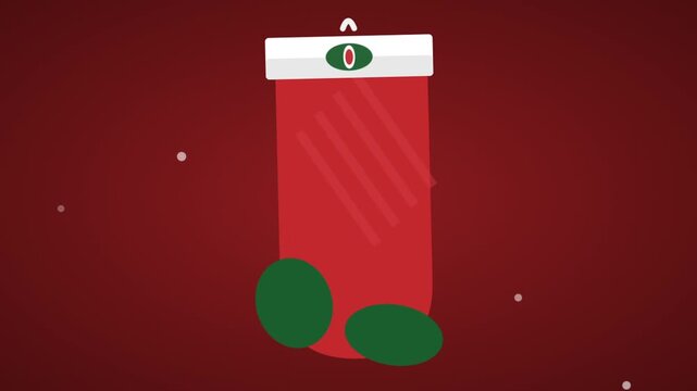 Red Christmas stocking animation with subtle falling snow on dark background