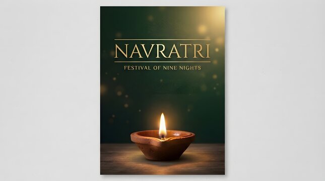 Navratri festival of nine nights greeting card with a glowing traditional clay diya lamp on a dark green background