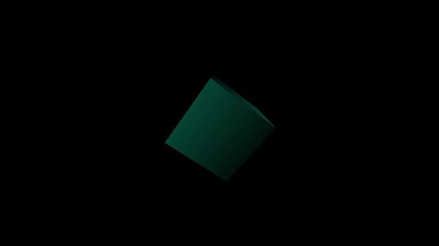 Rotating 3d green cube with glowing edges on a black background loop motion graphic.