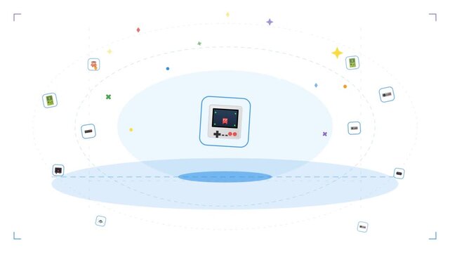 Retro handheld game console animation with floating digital icons