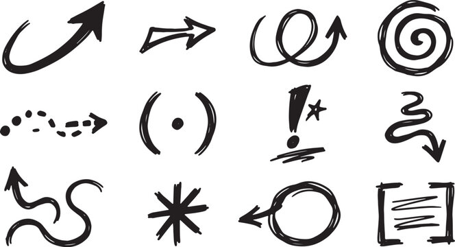 Hand-drawn symbols and in black ink on white background