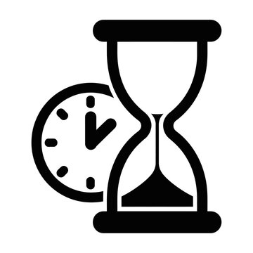 Black and white vector icon featuring an hourglass and a clock face representing passing time