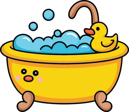 Cute cartoon yellow bathtub filled with soapy water bubbles and rubber duck cute bathroom yellow tub cartoon illustration vector graphic child toy duckling character interior cheerful
