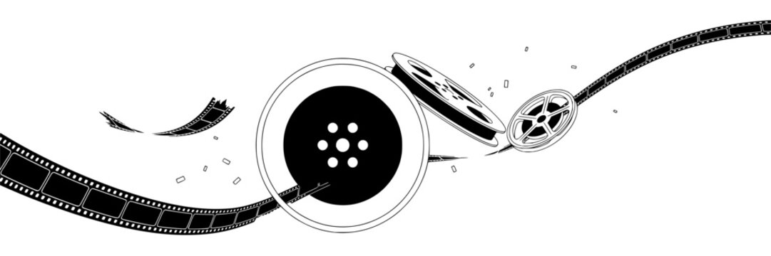 Film reel set with scattered strips featuring cinema, movie, reel, sprocket and perforations with black and white and line art
