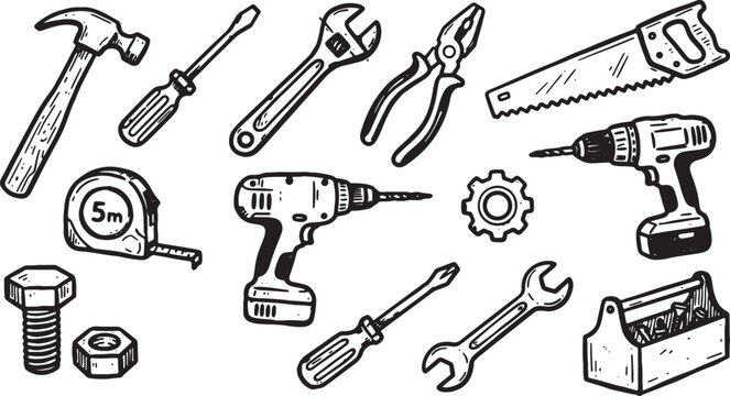 Of various tools and hardware in black and white wrench hammer pliers