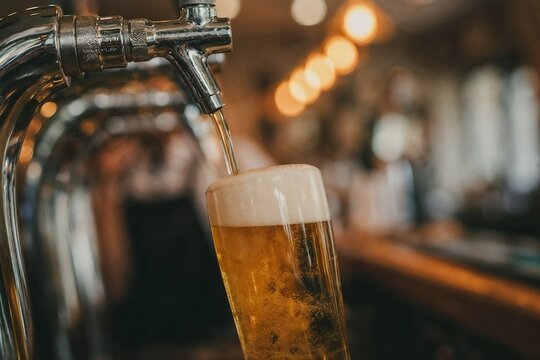 Pouring golden lager beer into a glass with frothy head from a tap