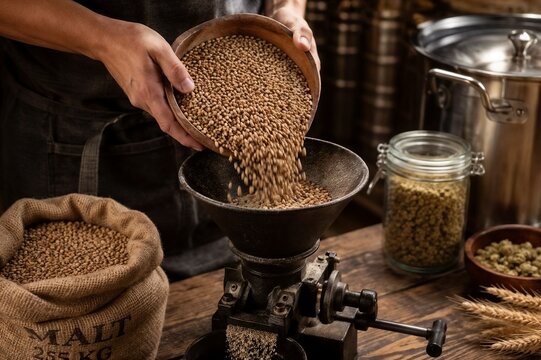 Brewing process: pouring malt grains into a vintage mill for beer production