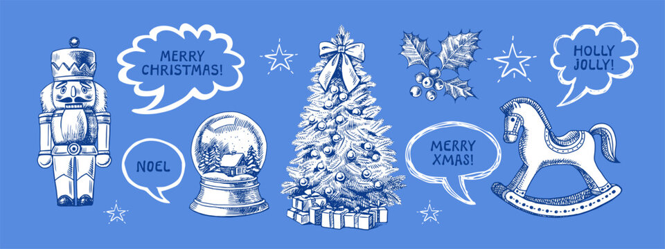 Christmas trendy collage with hand drawn retro holiday elements. Festive elegant vintage invitation card design. Vector sketch illustration.