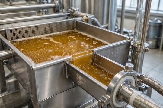 Golden beer wort flowing through a professional filtration system after mashing inside a modern craft brewery