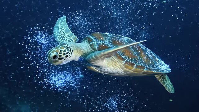 Green sea turtle swimming gracefully in deep blue ocean water with bubbles