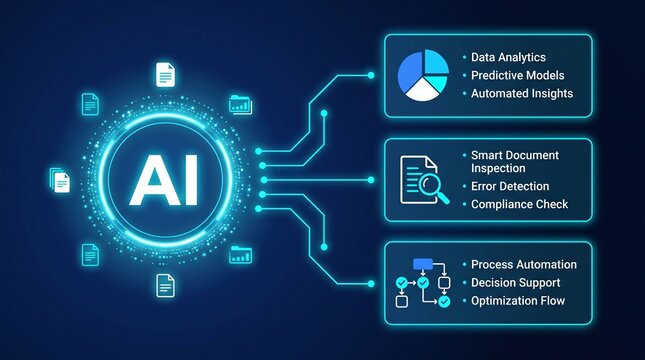 Artificial intelligence diagram displays data analytics and automated document processing workflows with bright blue glowing neon icons and connectivity lines