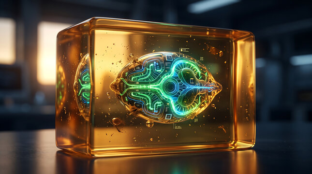 Futuristic artificial intelligence brain in amber cube, glowing neural network processor, high-tech cybernetic core in glass
