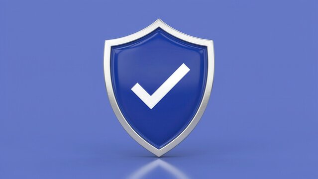 Shiny metallic shield featuring white check mark for digital security concepts