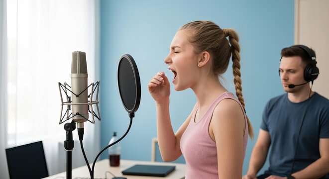 vocal recording, singer, vocal booth, microphone, studio session, performance, pop filter, isolation