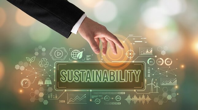 Businessman touching sustainability dashboard with wind and solar energy icons