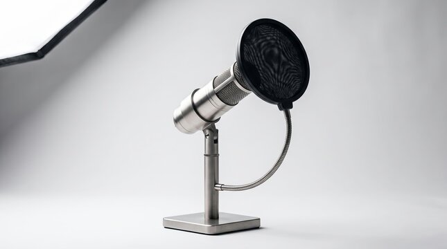 Professional silver studio microphone with attached black mesh pop filter stands on a sturdy metal base for high quality recording