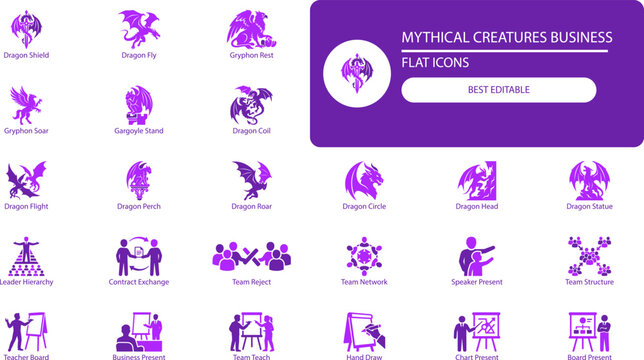 Mythical creatures and business icons set. Minimal silhouette vector collection of dragons, griffins, and teamwork symbols for corporate design.