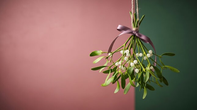 Fresh green mistletoe bunch tied with elegant purple satin ribbon hangs against dual toned surface for classic holiday winter decor