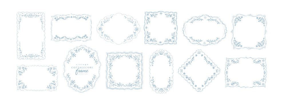 Set of cottagecore floral lace frame. Vintage dollies napkin with floral elements for wedding invitations or collage. Elegant embroidery handkerchief, hand drawn