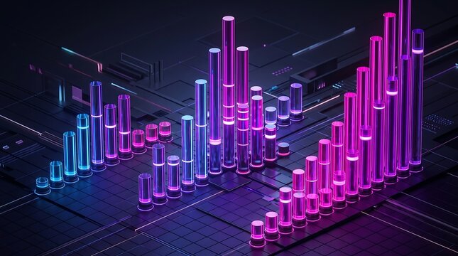 3D Isometric Neon Cylinder Bar Charts on Dark Grid