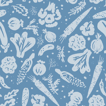 Fresh vegetables illustration with a blue background featuring various types of produce and herbs in a seamless pattern	